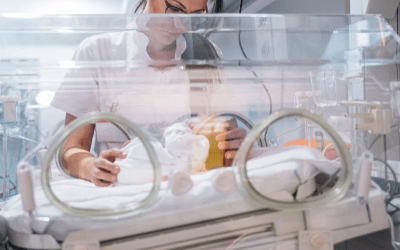 NICU（新生児集中治療室）の保育器で看護する看護師
